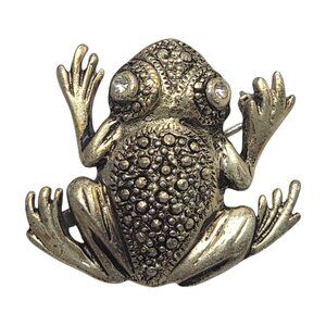 Vintage Frog Brooch Pin With Rhinestone Eyes & Textured Body In Antique Silver-T